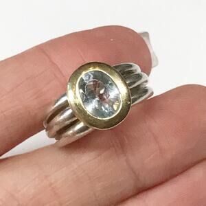 VTG Lorenzo Sterling Silver 18k Yellow Gold Bezel Set Aquamarine Cocktail Ring